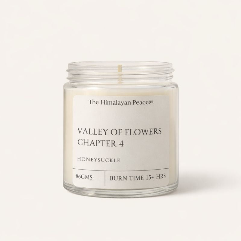 Honeysuckle scented soy wax candle inspired by the Valley of Flowers in the Himalayas