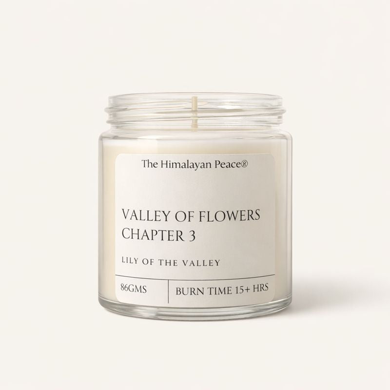 Lily of the valley scented soy wax candle inspired by the Valley of Flowers in the Himalayas