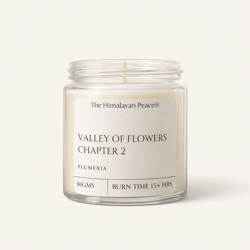 Plumeria scented soy wax candle inspired by the Valley of Flowers in the Himalayas