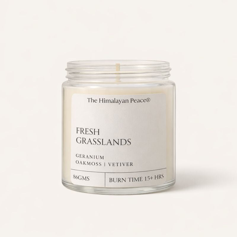 Fresh green scented candle with geranium, oakmoss and vetiver inspired by Himalayan grasslands