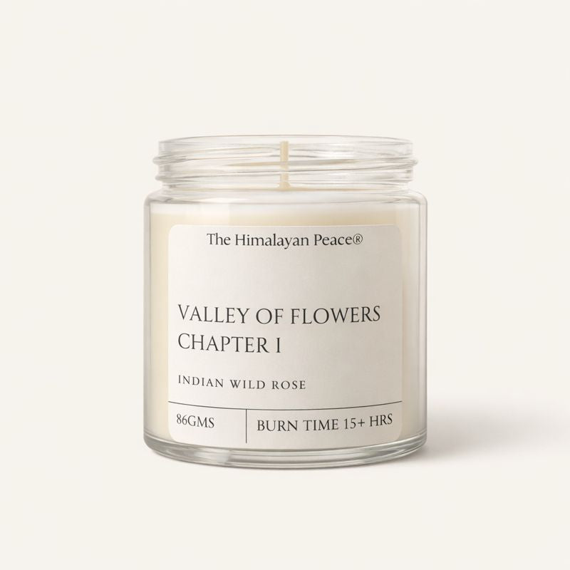 Wild rose scented soy wax candle inspired by the Valley of Flowers in the Himalayas