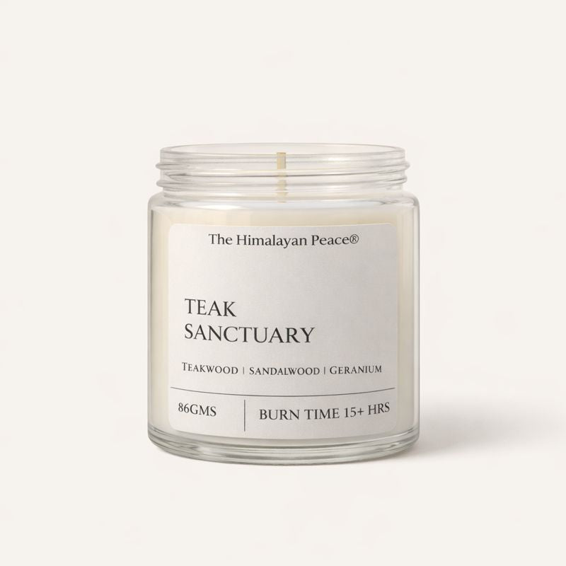 Teakwood and sandalwood scented candle creating a warm and earthy atmosphere