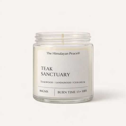 Teakwood and sandalwood scented candle creating a warm and earthy atmosphere